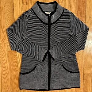 Soft Surroundings Black White Stripped Ribbed Full Zip Sweater Pockets Jacket M